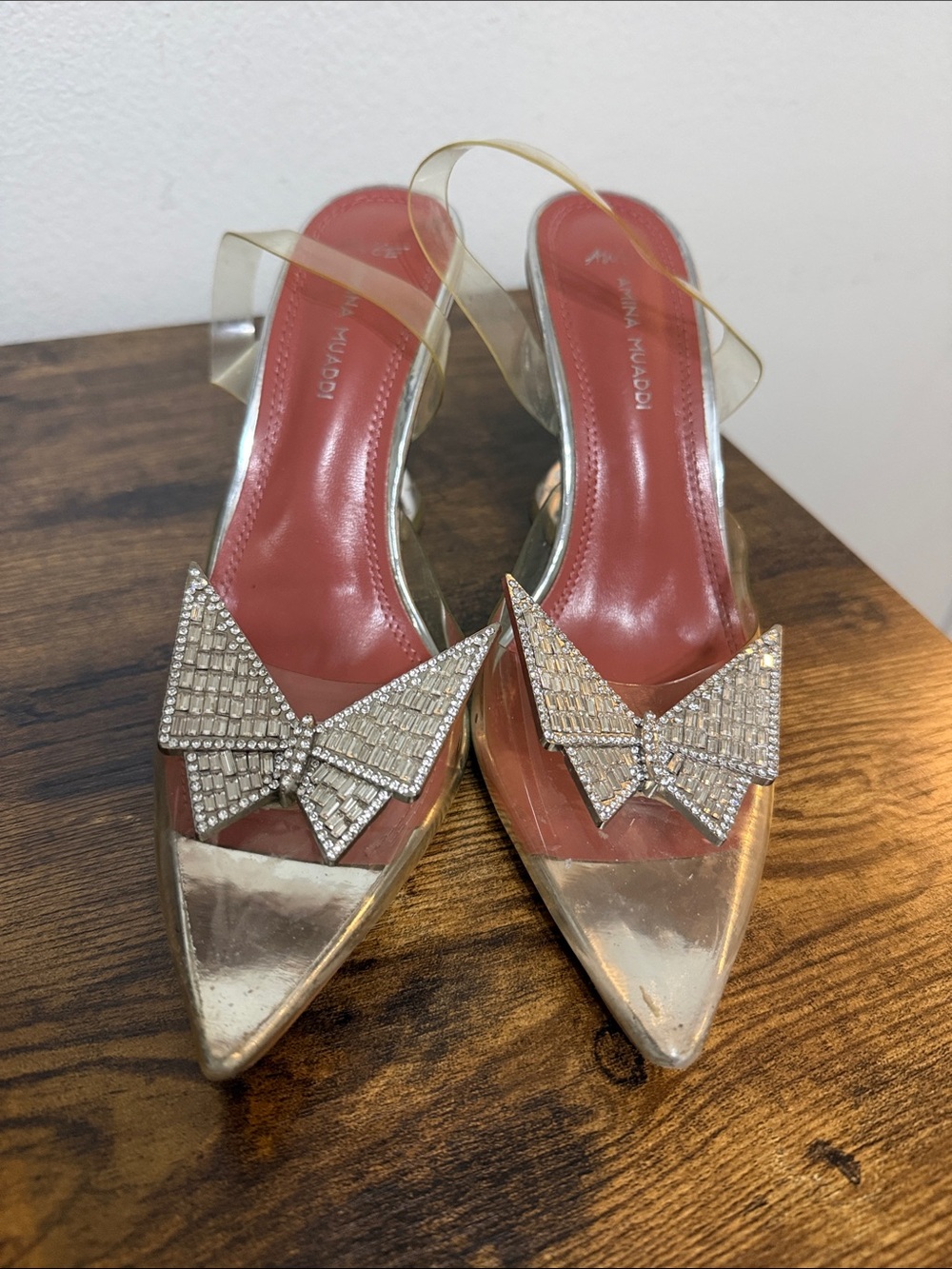 Amina Muaddi Silver Pointed Slingback Pumps with Crystal Bow Accent